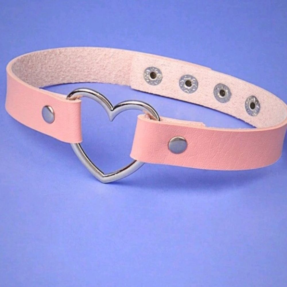 PINK Leather Heart Shaped Choker Necklace